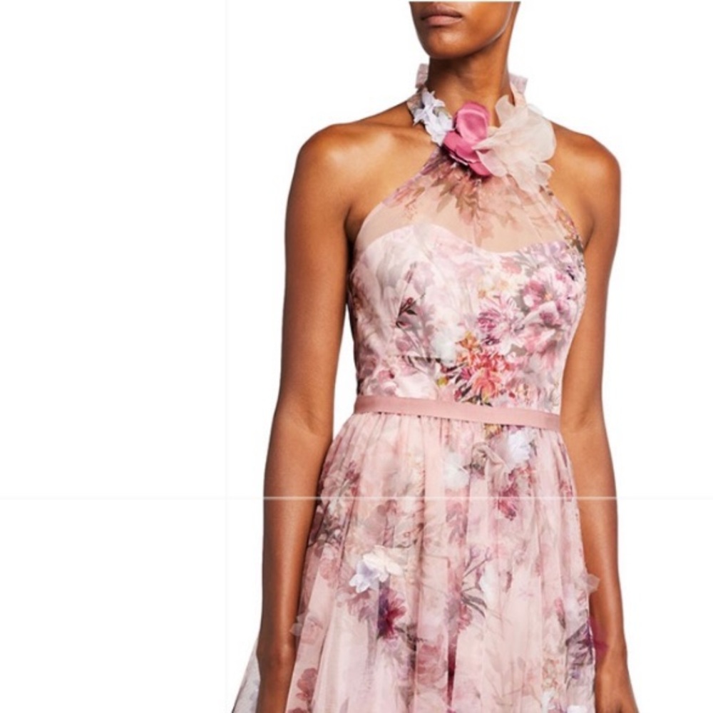 High-Low Floral Printed Tulle Dress 3D flowers